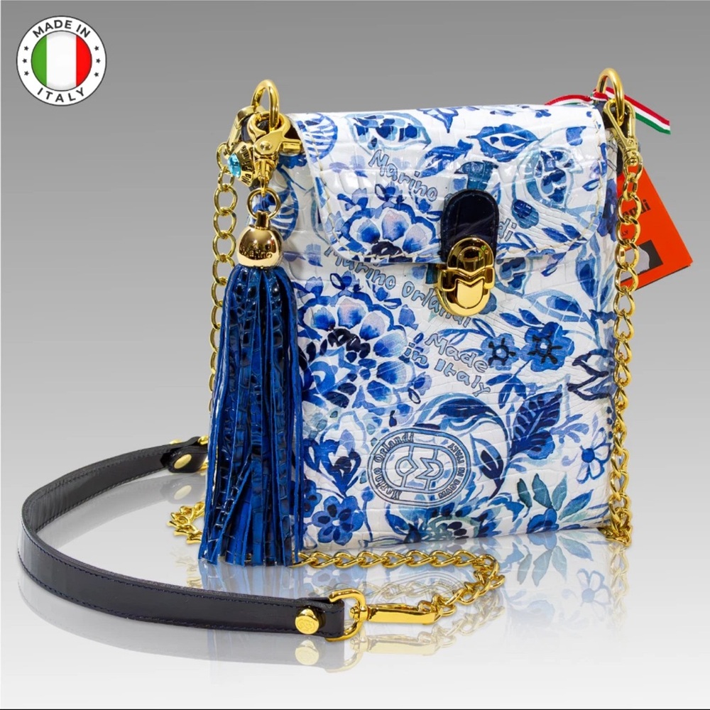 Marino Orlandi Designer IPhone Floral Blue & White Crossbody Bag Messenger Purse